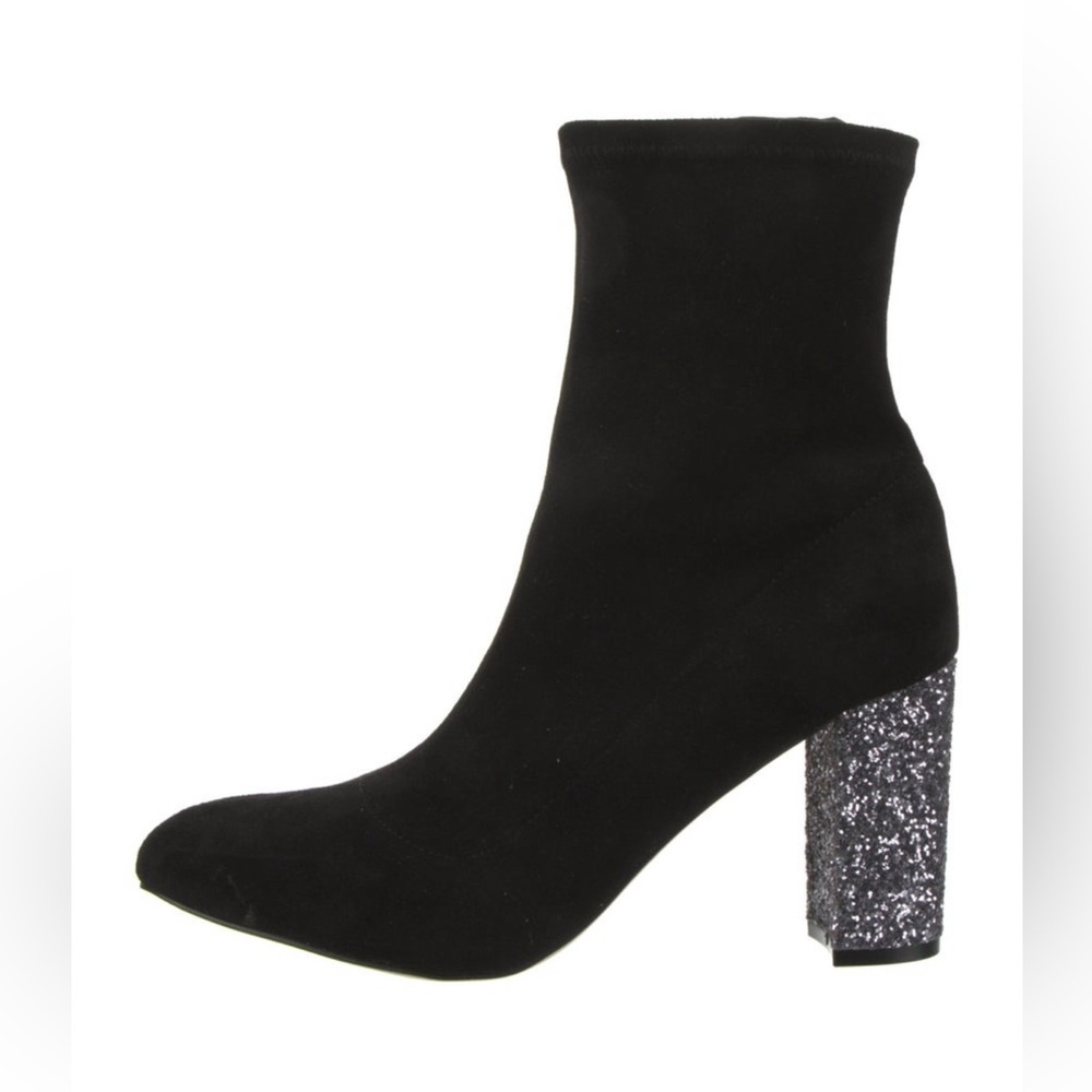 Badgley Mischka Jewel Gina Micro Suede sock bootie with crystal block heel